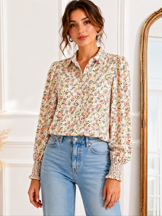 Levi's Tops - Levi's Floral Button Front Blouse Medium Cottagecore Smocked Cuffs Puff Sleeve